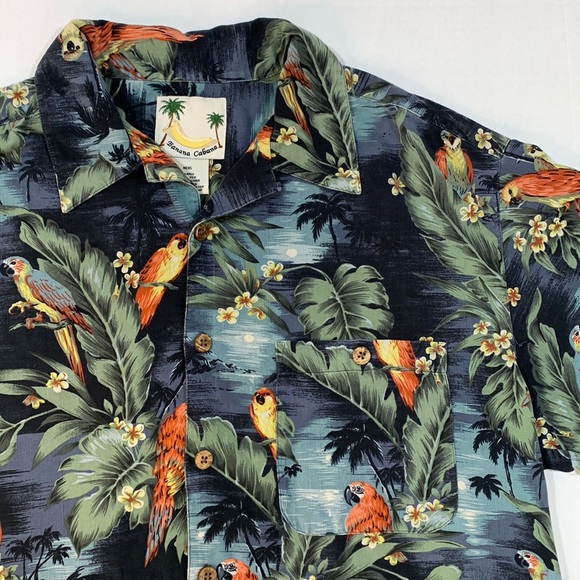 Banana Cabana Other - Banana Cabana 100% silk Hawaiian Aloha camp shirt parrots birds palm leaves L
